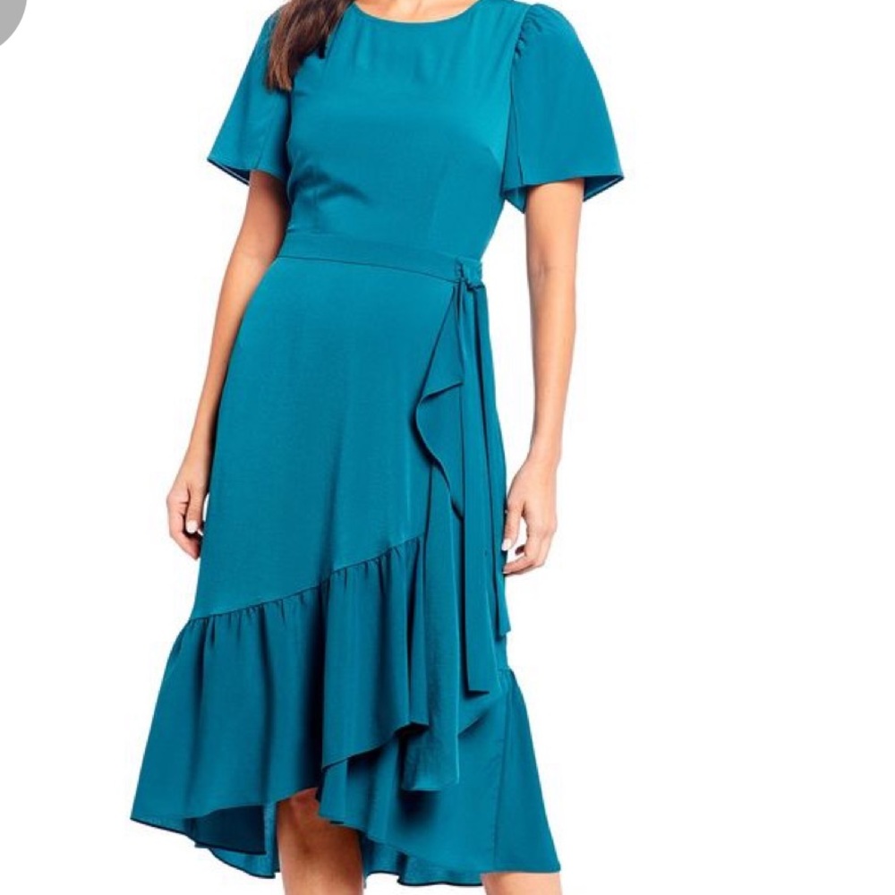 Alex Marie Green Asymmetrical Ruffle Hem Dress